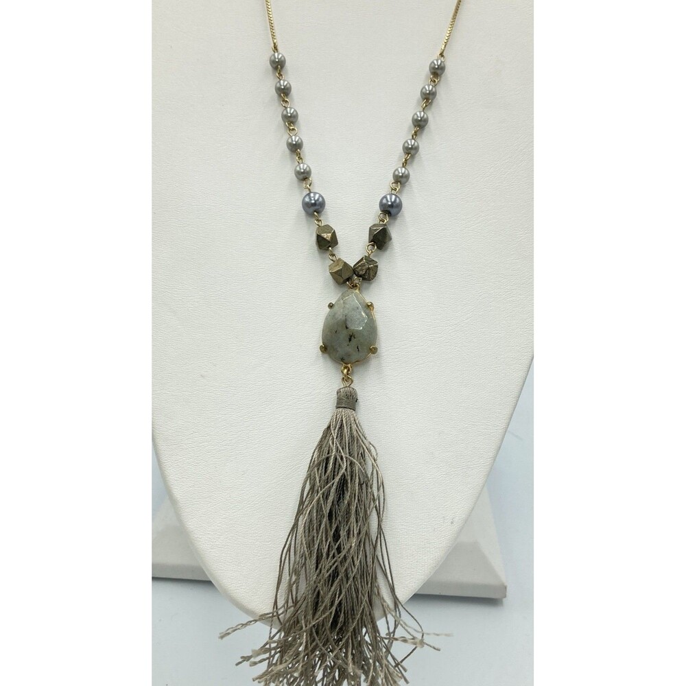 LOFT 30" Necklace Goldtone Gray Stone Tassel Pendant Pearl Signed Boho Jewelry